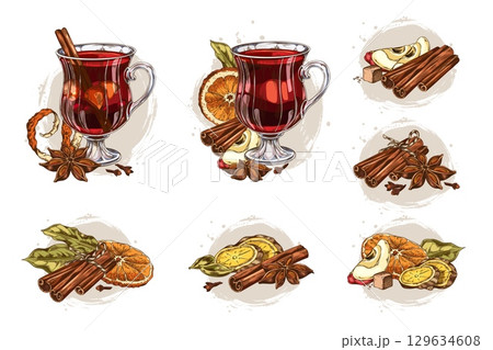 Set of illustrations with mulled wine in glasses, spices, fruits, cinnamon, anise, orange, apple. 129634608