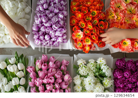 Florist arranging colorful tulips for valentine's day bouquet 129634654