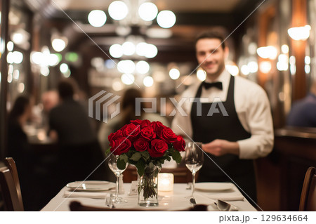 Red roses bouquet creating romantic atmosphere in restaurant on valentine's day 129634664