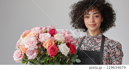 African American Florist holding a bouquet of roses for valentine's day African American Florist holding a bouquet of roses for valentine's day 129634679