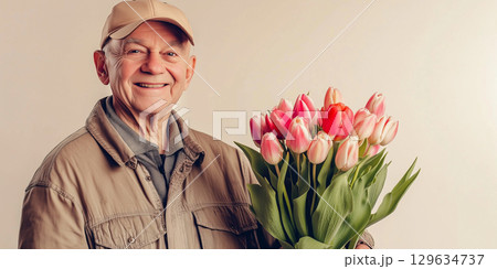 Senior florist holding bouquet of pink tulips for valentine's day Senior florist holding bouquet of pink tulips for valentine's day 129634737