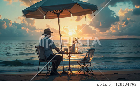 Relaxation on the seashore. A secluded table with chairs stands at the very edge of the sea, under a large sun umbrella a tourist sits enjoying the rays of the sunset and the sea view.  129634765