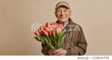 Senior florist holding bouquet of tulips for valentine's day Senior florist holding bouquet of tulips for valentine's day 129634795