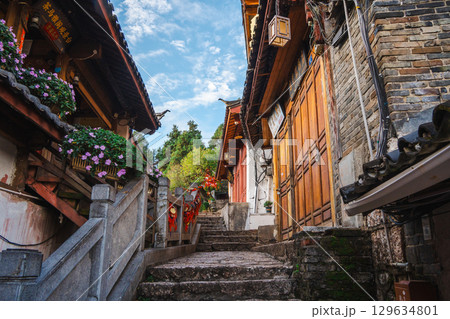 Stone Stairway and Colorful Architecture in Lijiang Old Town, Yunnan, China Stone Stairway and Colorful Architecture in Lijiang Old Town, Yunnan, China 129634801