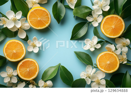 Citrus wedges, white blossoms creating elegant border against teal surface, highlighting fresh seasonal aesthetic with open background space 129634888
