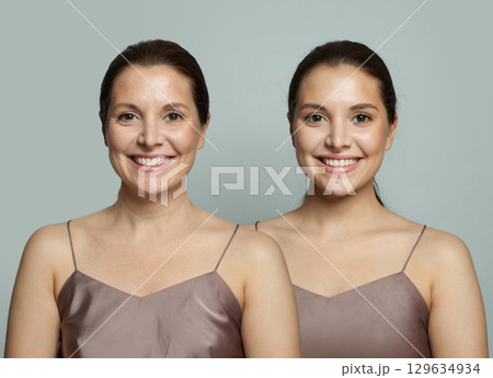 Cute young model woman and mature woman. Two female faces collage set. Old and young face 129634934