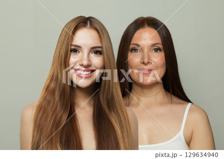Beautiful young model woman and mature woman. Two female faces collage set. Old and young face 129634940