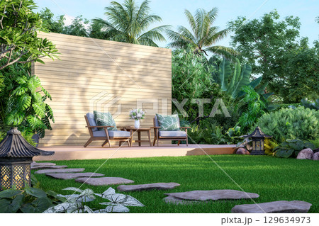 3D render of a tropical garden lounge with wooden chairs 3D render of a tropical garden lounge with wooden chairs 129634973