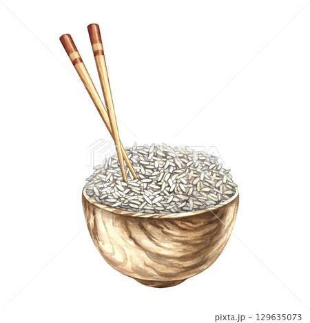 Rice in a wooden bowl with chopsticks. Hand-drawn watercolor illustration. Menu, recipe, and cookbook design element. For banners, flyers, packaging, labels, and more. Rice in a wooden bowl with chopsticks. Hand-drawn watercolor illustration. Menu, recipe, and cookbook design element. For banners, flyers, packaging, labels, and more. 129635073