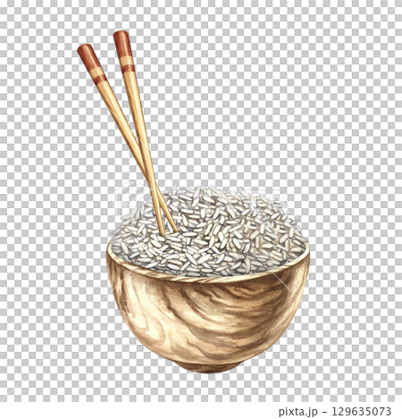 Rice in a wooden bowl with chopsticks. Hand-drawn watercolor illustration. Menu, recipe, and cookbook design element. For banners, flyers, packaging, labels, and more. Rice in a wooden bowl with chopsticks. Hand-drawn watercolor illustration. Menu, recipe, and cookbook design element. For banners, flyers, packaging, labels, and more. 129635073