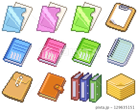 オフィス文房具のドット絵ピクトグラム素材 Vol.3（ファイル・ノート・バインダー等12点） 129635151