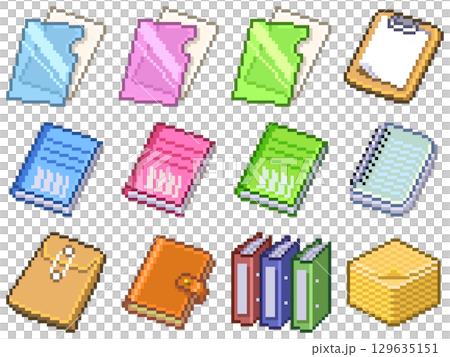 オフィス文房具のドット絵ピクトグラム素材 Vol.3（ファイル・ノート・バインダー等12点） 129635151
