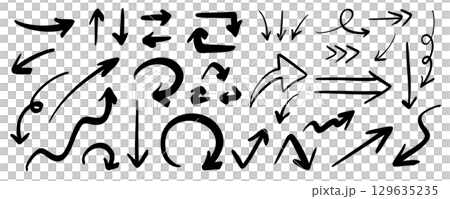 Set of hand-drawn curved arrows and line drawing ornaments Vector illustration White background 129635235