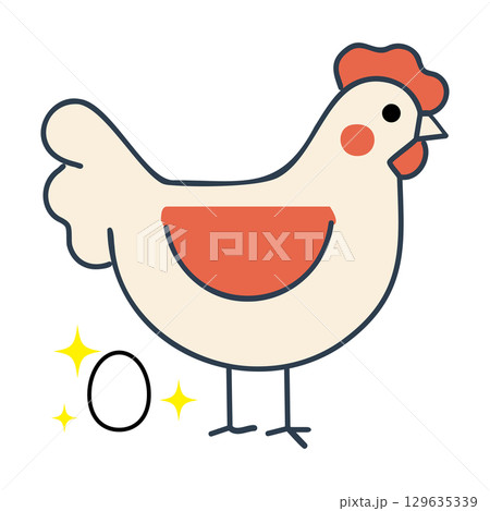 右向きのニワトリと卵　白背景 129635339