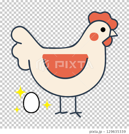 右向きのニワトリと卵　白背景 129635339