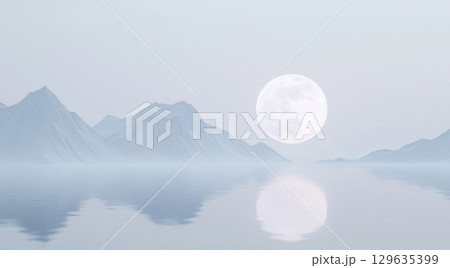 Breathtaking misty landscape shows a large full moon rising above a serene lake reflecting the mountains and soft light, creating a tranquil and ethereal atmosphere 129635399