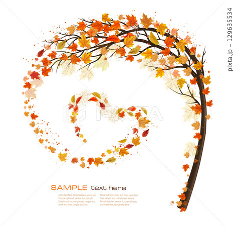 Autumn abstract background with tree and flying colorful leaves gathered in the form of a heart. Vector. 129635534