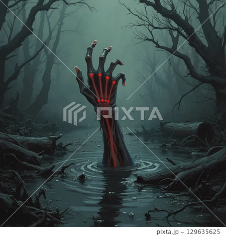 In the dense forest, the hand of a risen dead man sticks out. In a misty forest, a skeletal hand emerges from murky water, fingers curled and reaching upward.  129635625