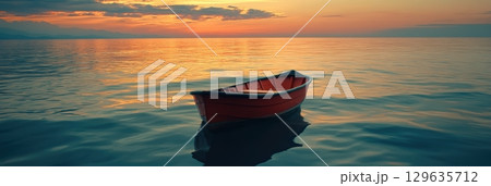Serene sunset over calm waters with a red boat floating gently 129635712