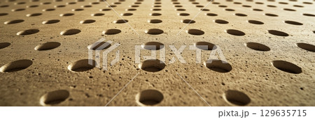 Close-up view of a textured surface with evenly spaced holes in concrete material 129635715