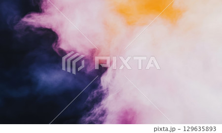 Colorful smoke swirling in vibrant hues on a dark background during a creative event Colorful smoke swirling in vibrant hues on a dark background during a creative event 129635893
