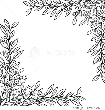 Vector floral square border with monochrome foliage hand painted by black inks. Pyracantha plant frame with copy space for text. Template for invitations, holiday greeting cards, festive packaging Vector floral square border with monochrome foliage hand painted by black inks. Pyracantha plant frame with copy space for text. Template for invitations, holiday greeting cards, festive packaging 129635926