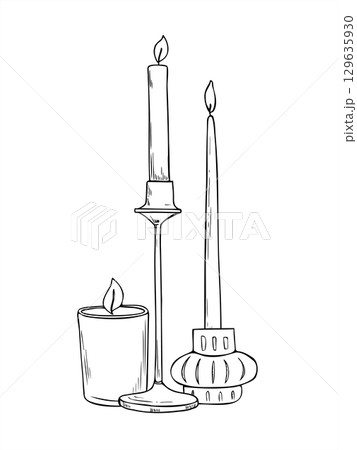 Monochrome vector composition of burning candles in various shapes hand painted by black inks. Candle on candleholder illustration for card, religious celebration, winter decoration, spiritual decor 129635930