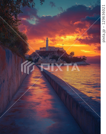 Beautiful coastal path in sunset light with lighthouse and mountains 129636021