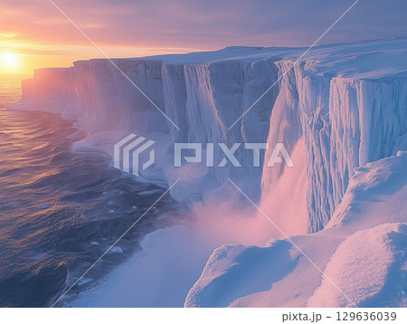 Majestic frozen waterfall cascading over rocky cliffs in a winter landscape Majestic frozen waterfall cascading over rocky cliffs in a winter landscape 129636039