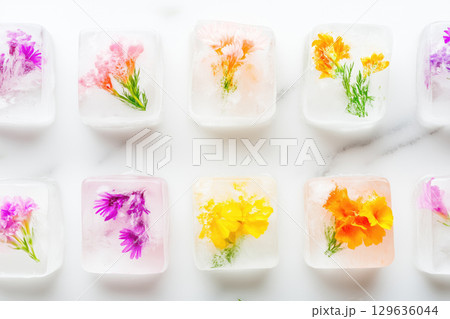 Colorful floral ice cubes arranged in a neat pattern 129636044
