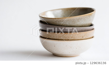 Stack of vintage ceramic bowls in neutral tones isolated on white background, with soft shadows and artisan texture, perfect for rustic kitchen or farmhouse interior concepts. 129636136
