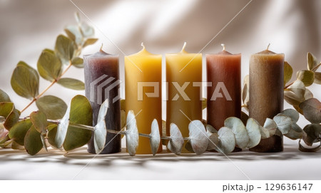 Stilllife with botanical decor and beeswax candles on matte white surface, minimal and calming composition for interior lifestyle content. 129636147