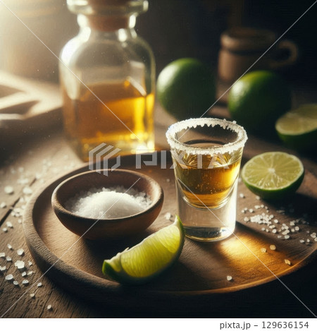 Traditional Mexican tequila tasting setup with glass of golden tequila, salt, and lime on rustic wooden tray, surrounded by terracotta pottery and soft natural light, cultural atmosphere 129636154