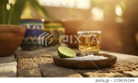 Atmospheric tequila tasting scene with golden shot, lime wedge, and coarse salt on rustic tray, accented by handmade terracotta pottery and natural soft lighting for cultural storytelling visuals. 129636164