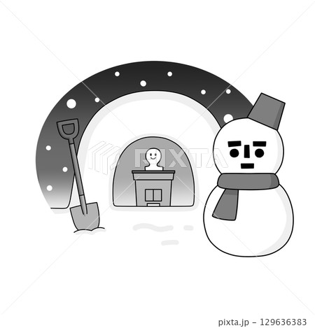 冬のかまくらと雪だるまのモノクロ手描きイラスト 冬のかまくらと雪だるまのモノクロ手描きイラスト 129636383