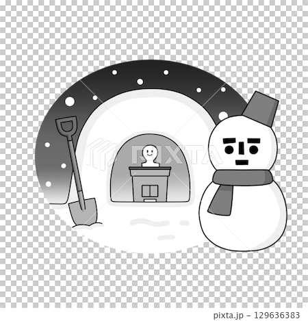 冬のかまくらと雪だるまのモノクロ手描きイラスト 冬のかまくらと雪だるまのモノクロ手描きイラスト 129636383