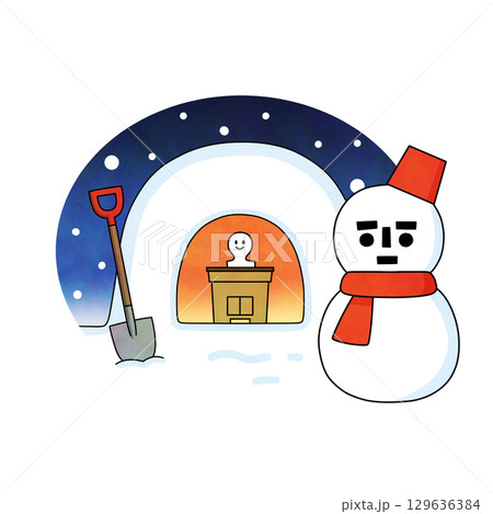 冬のかまくらと雪だるまの手描き水彩風フルカラーイラスト 冬のかまくらと雪だるまの手描き水彩風フルカラーイラスト 129636384