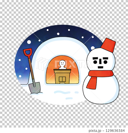 冬のかまくらと雪だるまの手描き水彩風フルカラーイラスト 冬のかまくらと雪だるまの手描き水彩風フルカラーイラスト 129636384