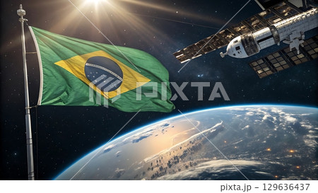 Brazilian flag waving with earth and satellite in space background view 129636437