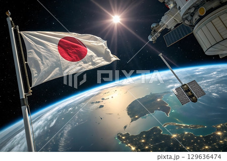 View of japan flag and satellite above earth from space with bright sunlight 129636474