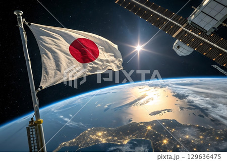 Japan flag waving in space with earth and station in the background view 129636475