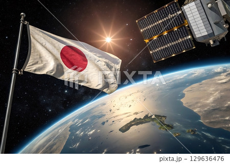 A view of earth with japan flag and satellite in outer space background 129636476