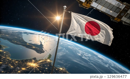 Japanese flag waving above earth with satellite and sun in outer space 129636477