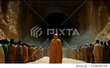 Cloaked figure addresses large crowd in ancient stone structure 129636559