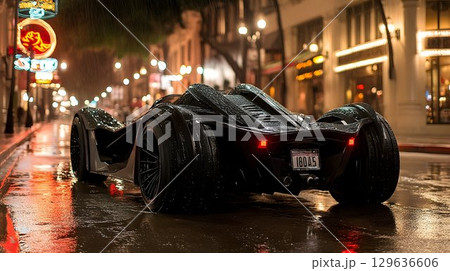 Sleek Black Roadster Under Rainy City Lights 129636606