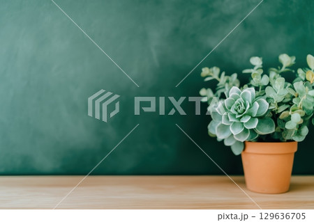 Green succulent plant in terracotta pot on wooden table against dark green background 129636705
