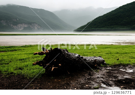 Calm lake with foggy mountains and fallen tree trunk during rainy weather in a serene landscape 129636771