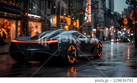 Sleek Dark Sports Car in Rainy City Night Sleek Dark Sports Car in Rainy City Night 129636791