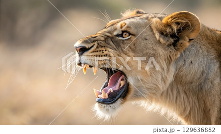 Close up of a lioness roaring with its mouth open showing sharp teeth 129636882