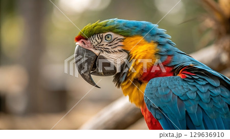 Close up shot of a colorful macaw parrot with vibrant feathers and sharp beak 129636910